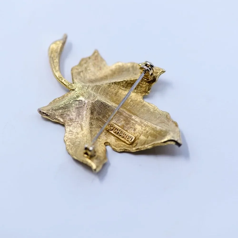 Vintage Signed Charel Textured Brushed Gold tone Brooch Pin